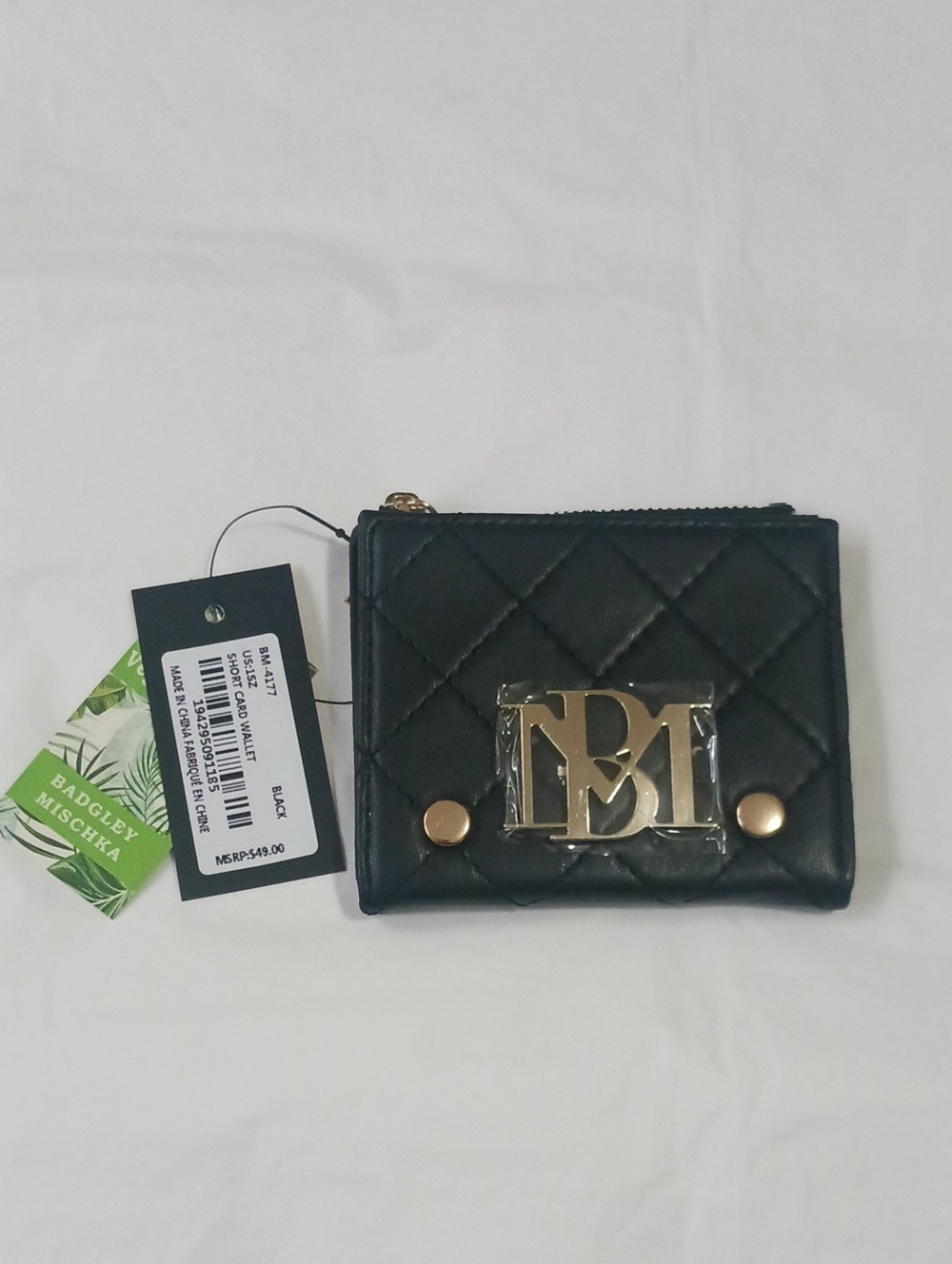 Badgley Mischka Black Quilted Card Wallet with Gold Logo Plate